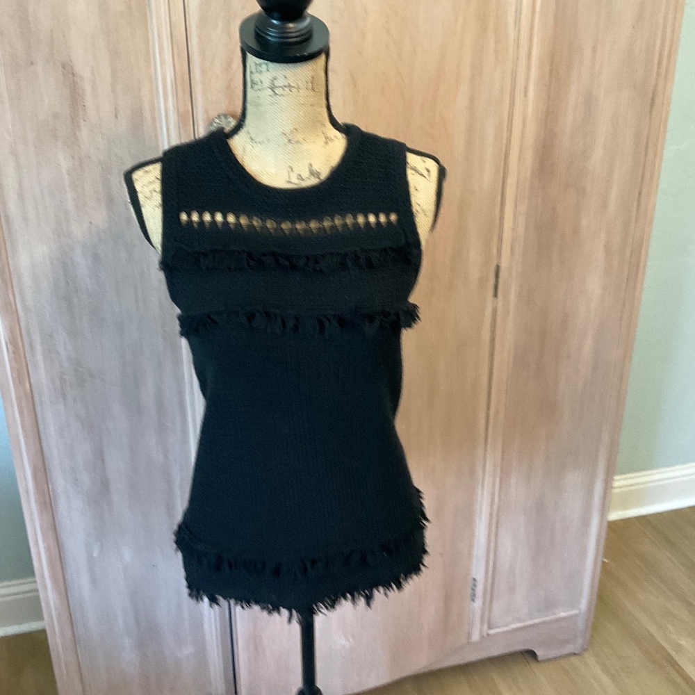 J Crew Factory Black 100% Cotton textured knit top sleeveless fringe Tank small
